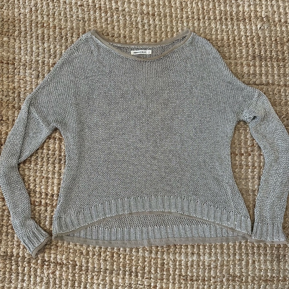 Paper Denim & Cloth Metallic Gray Crew Neck Sweater Ribbed & Sheer Effect